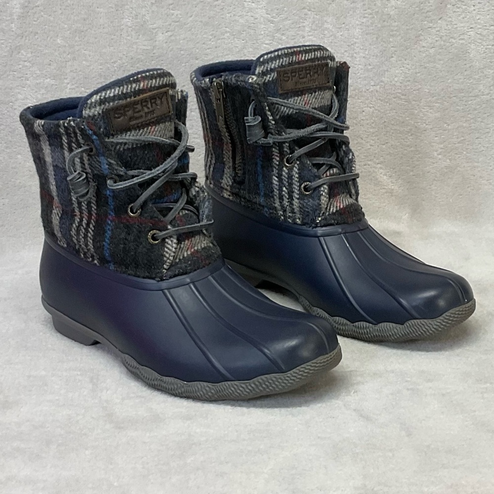 Sperry Saltwater Plaid Wool Waterproof Rubber Duck Boots Women’s 6